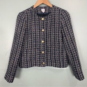 J.Crew Tweed Lady Jacket Blue Black Gold Buttons Cropped Women Sz 4 Lined